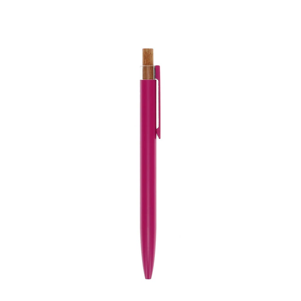 Pink pen with wooden cap on a white background