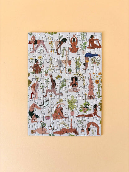 Puzzle with illustrated figures on a beige background