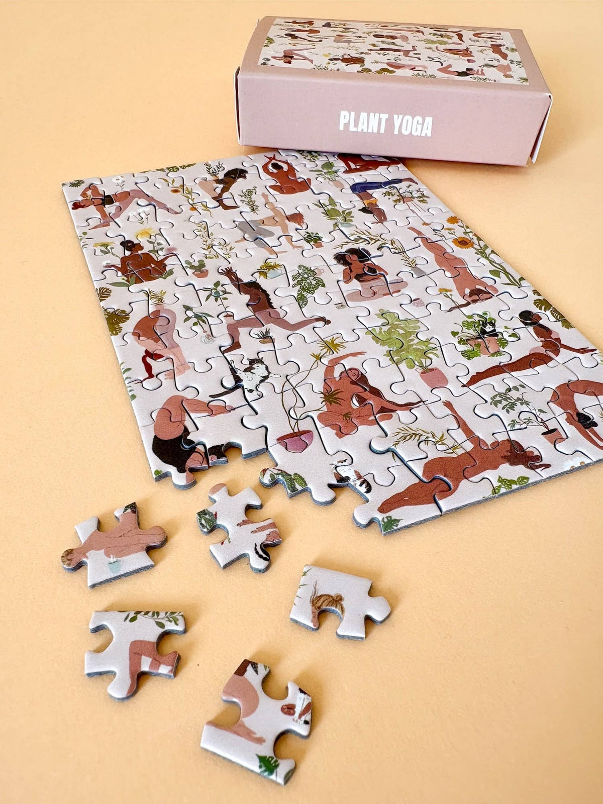 Yoga-themed puzzle with missing pieces on a beige background