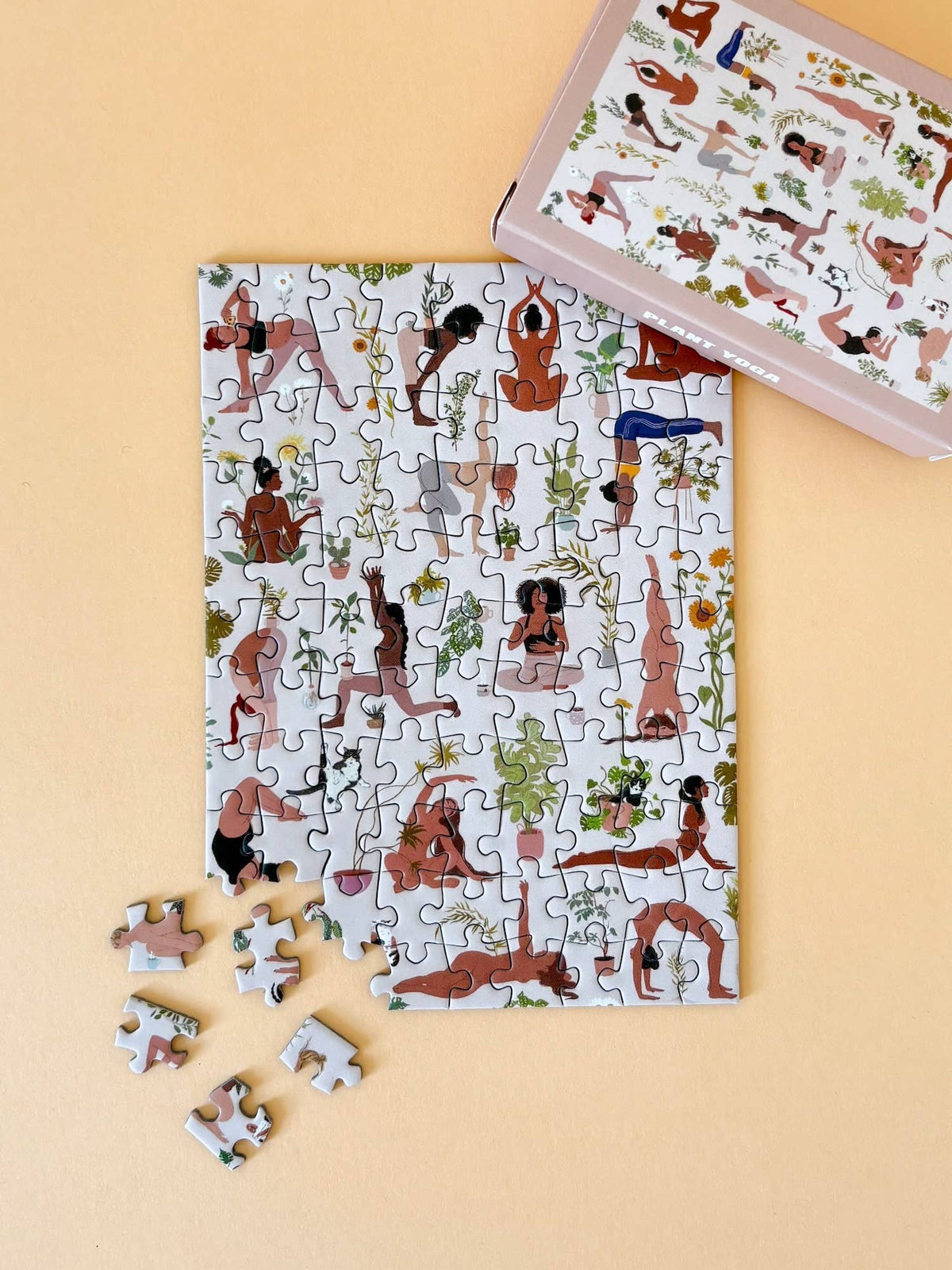 Jigsaw puzzle with illustrated figures on a beige background