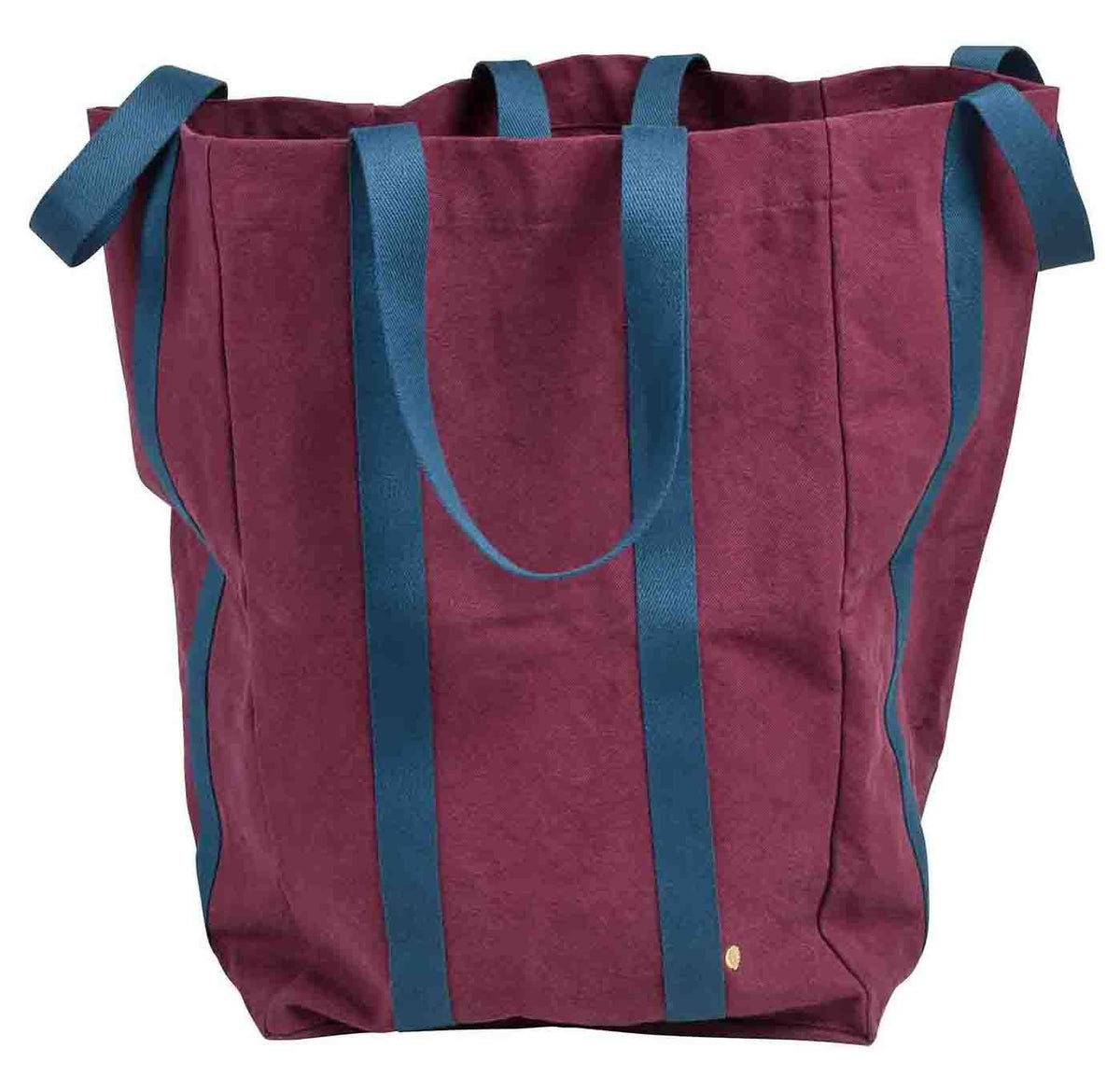 Maroon tote bag with blue handles on a white background