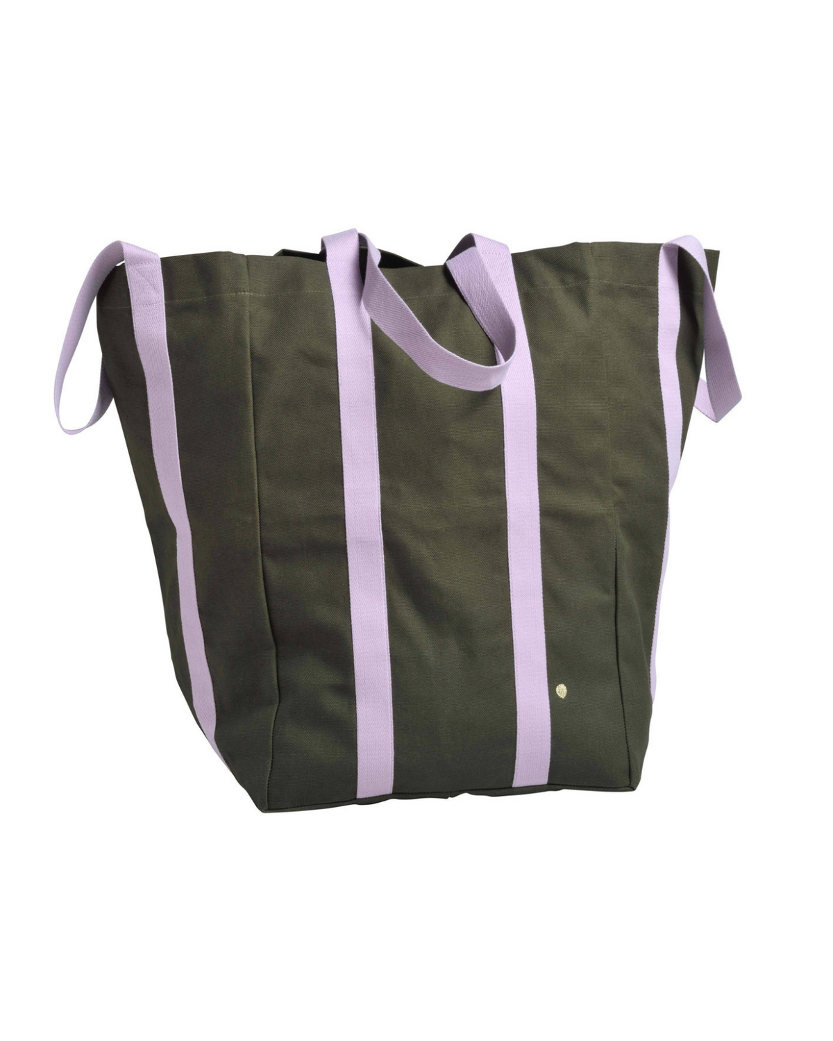 An olive green canvas tote bag with vertical lavender purple stripes and matching lavender shoulder straps, shown against a plain white background.