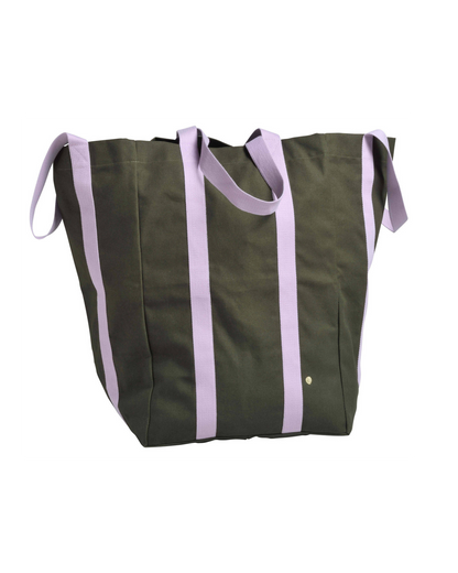An olive green canvas tote bag with vertical lavender purple stripes and matching lavender shoulder straps, shown against a plain white background.