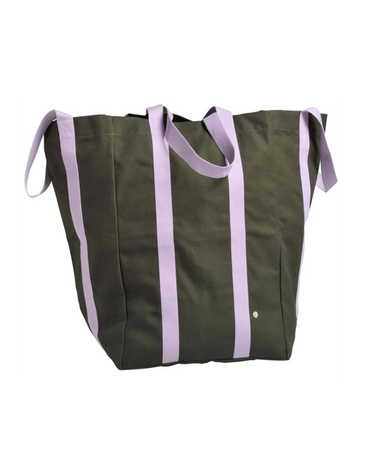 An olive green canvas tote bag with vertical lavender purple stripes and matching lavender shoulder straps, shown against a plain white background.