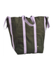 An olive green canvas tote bag with vertical lavender purple stripes and matching lavender shoulder straps, shown against a plain white background.