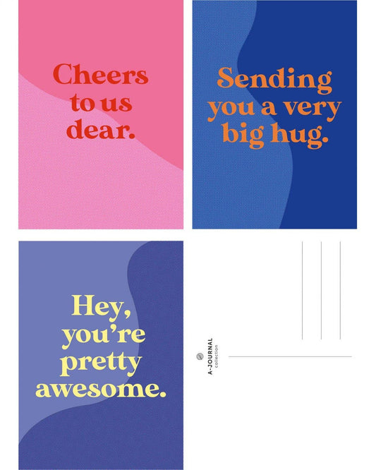 Three colorful greeting cards with text on a white background