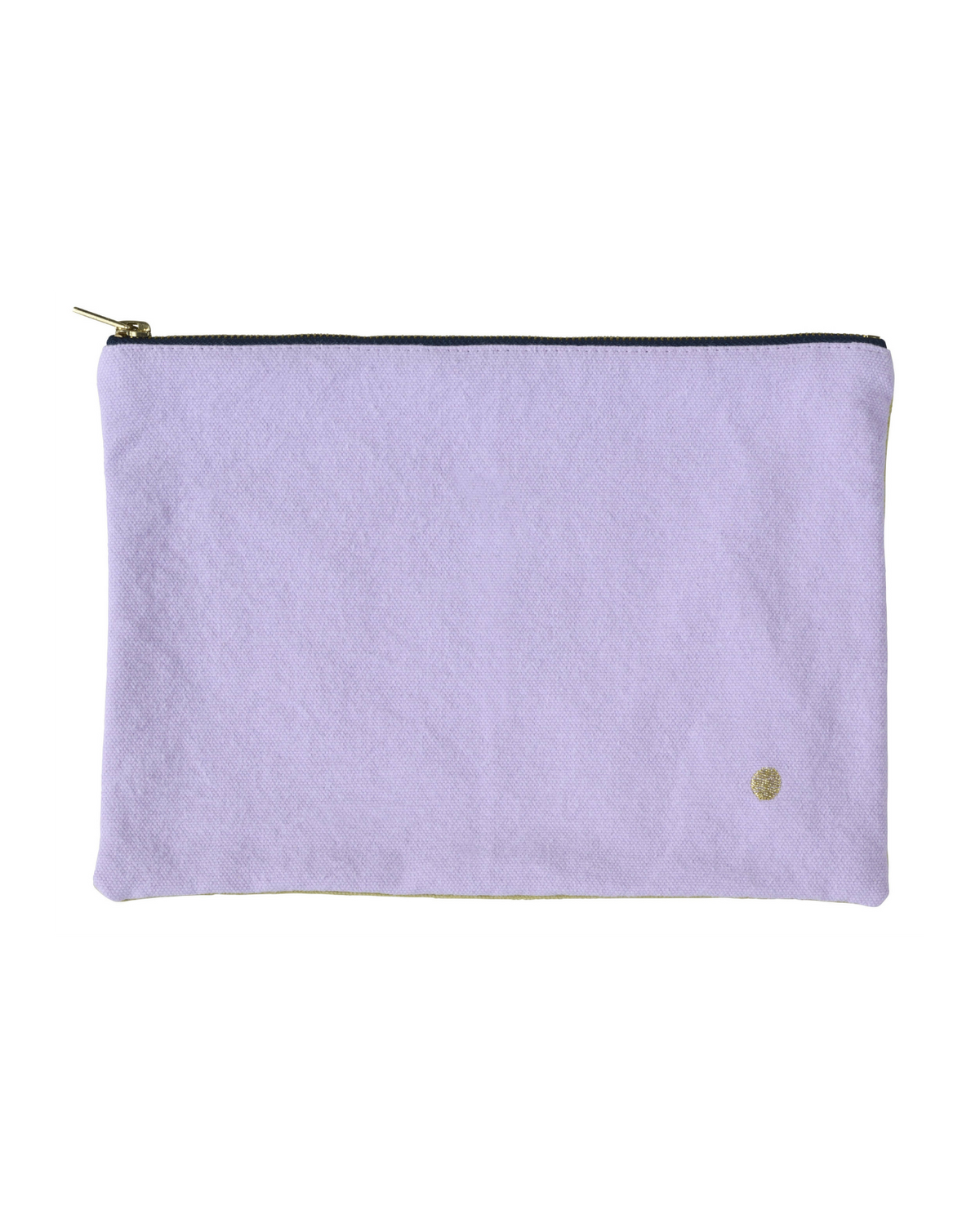 A light purple fabric pouch with a gold zipper and a small gold logo on the bottom right, shown against a plain white background.