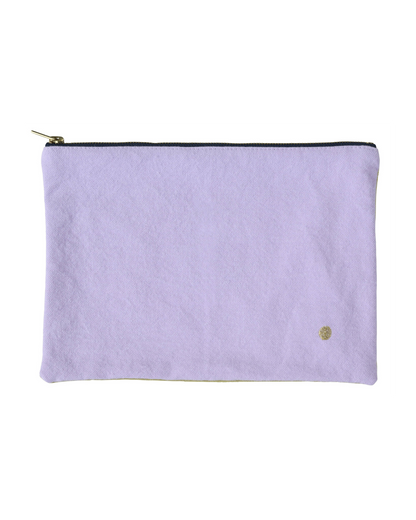 A light purple fabric pouch with a gold zipper and a small gold logo on the bottom right, shown against a plain white background.