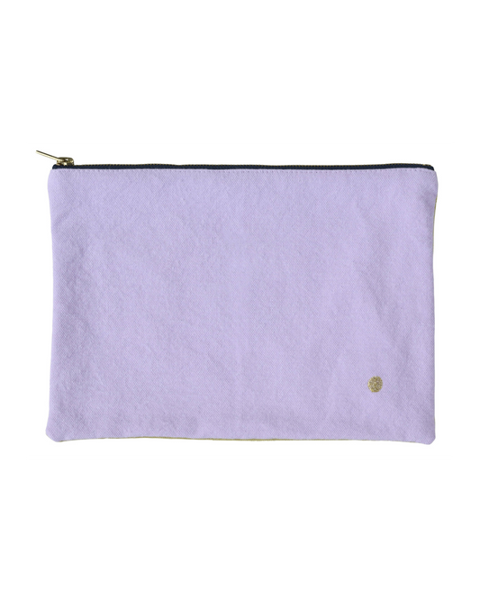 A light purple fabric pouch with a gold zipper and a small gold logo on the bottom right, shown against a plain white background.