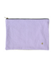 A light purple fabric pouch with a gold zipper and a small gold logo on the bottom right, shown against a plain white background.