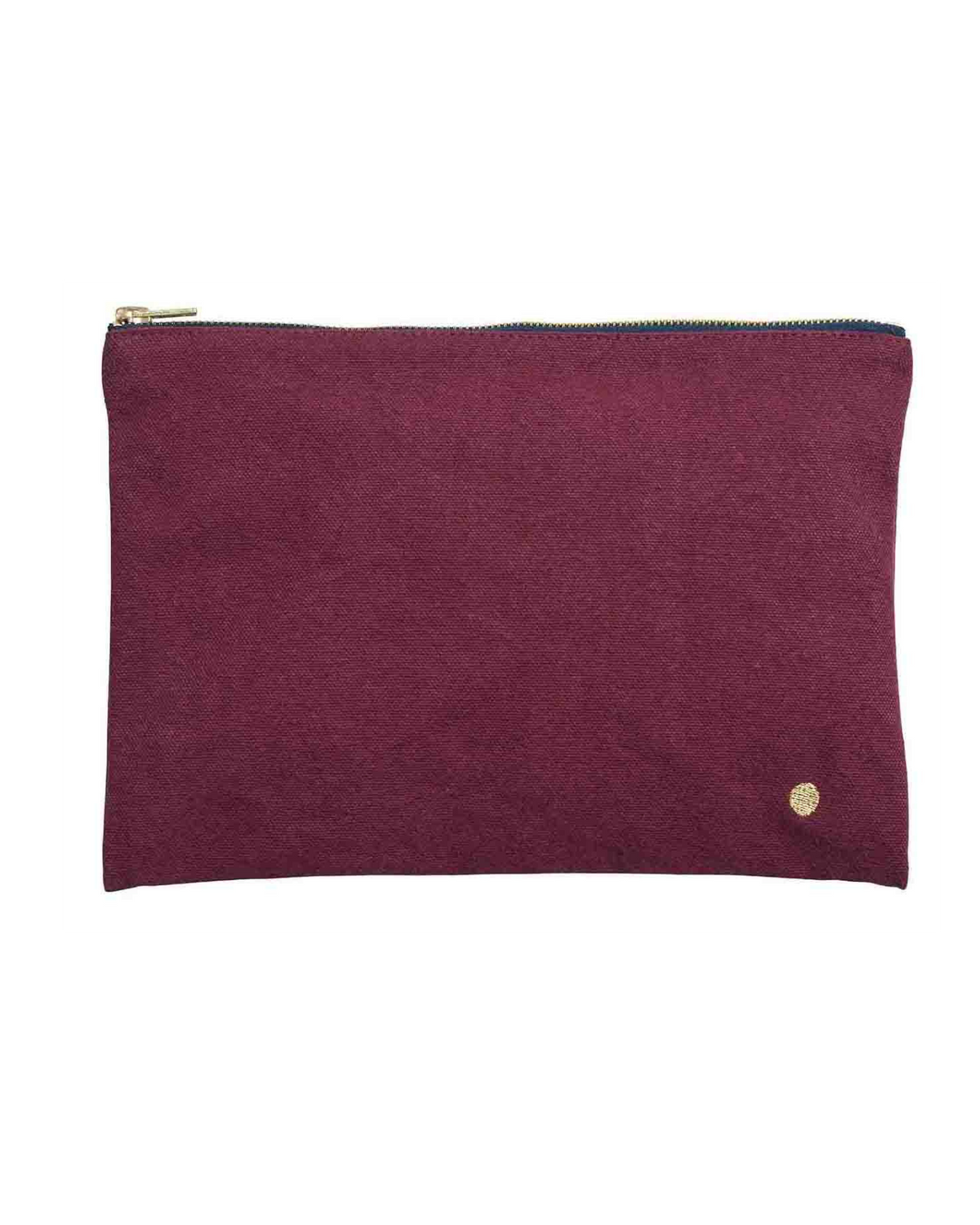 A rectangular zippered pouch in textured magenta suede with a gold zipper and a small gold logo emblem on the bottom right, set against a plain white background.