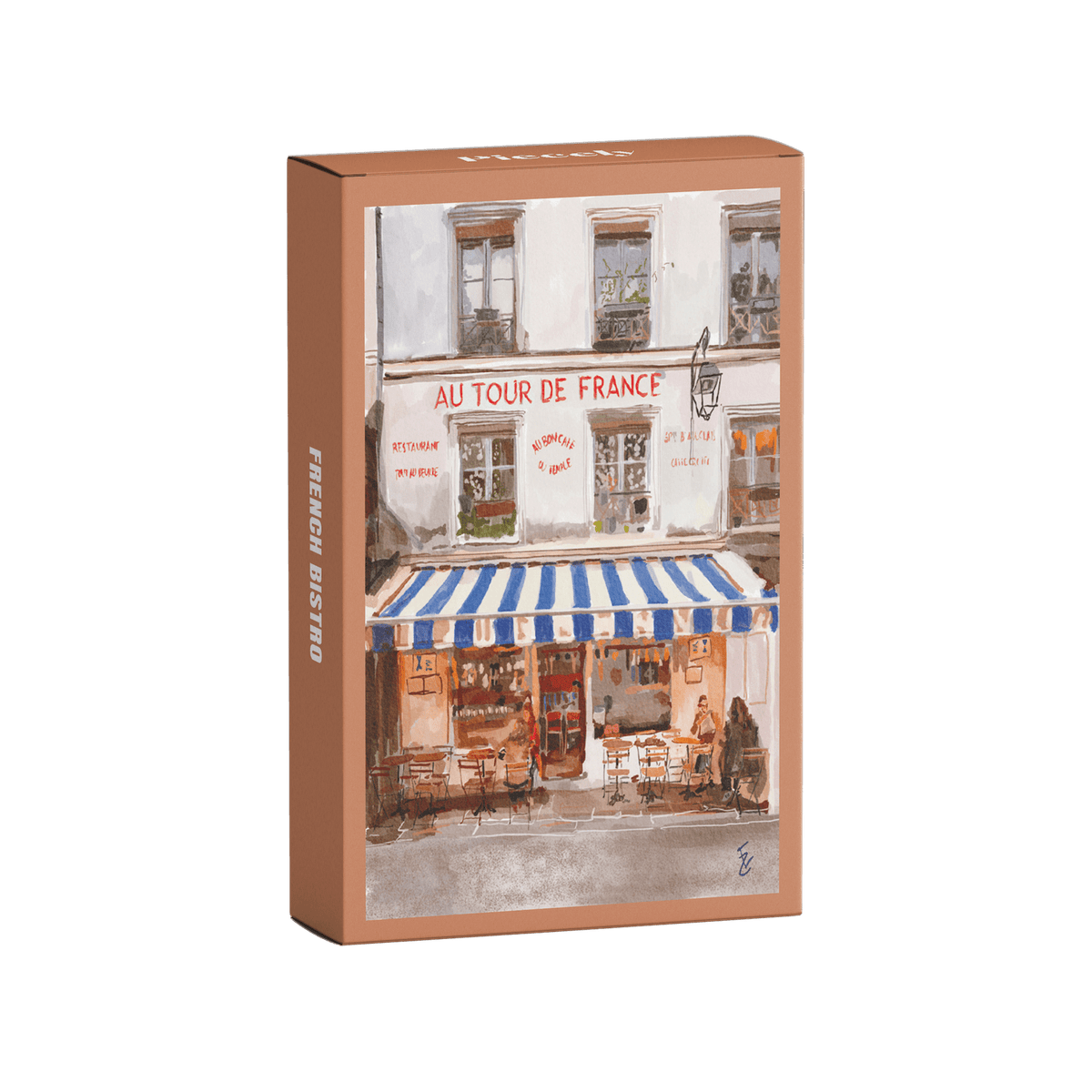 Product packaging with a scenic image of a French bistro on a clear background