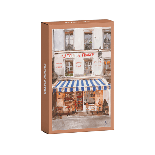 Product packaging with a scenic image of a French bistro on a clear background
