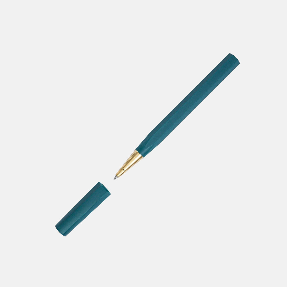 Teal pen with gold clip on a light gray background