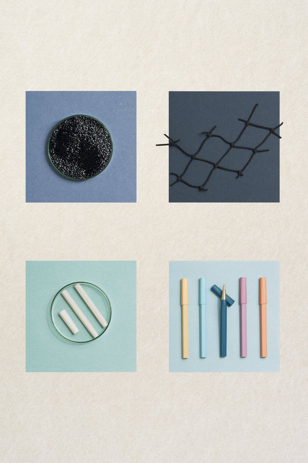 Collection of black, blue, and pink items on a beige background