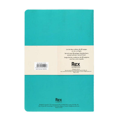 Teal notebook with beige label on a white background
