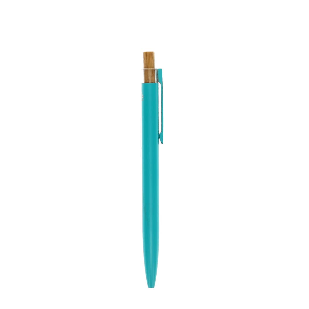 Teal pen with wooden cap on a white background