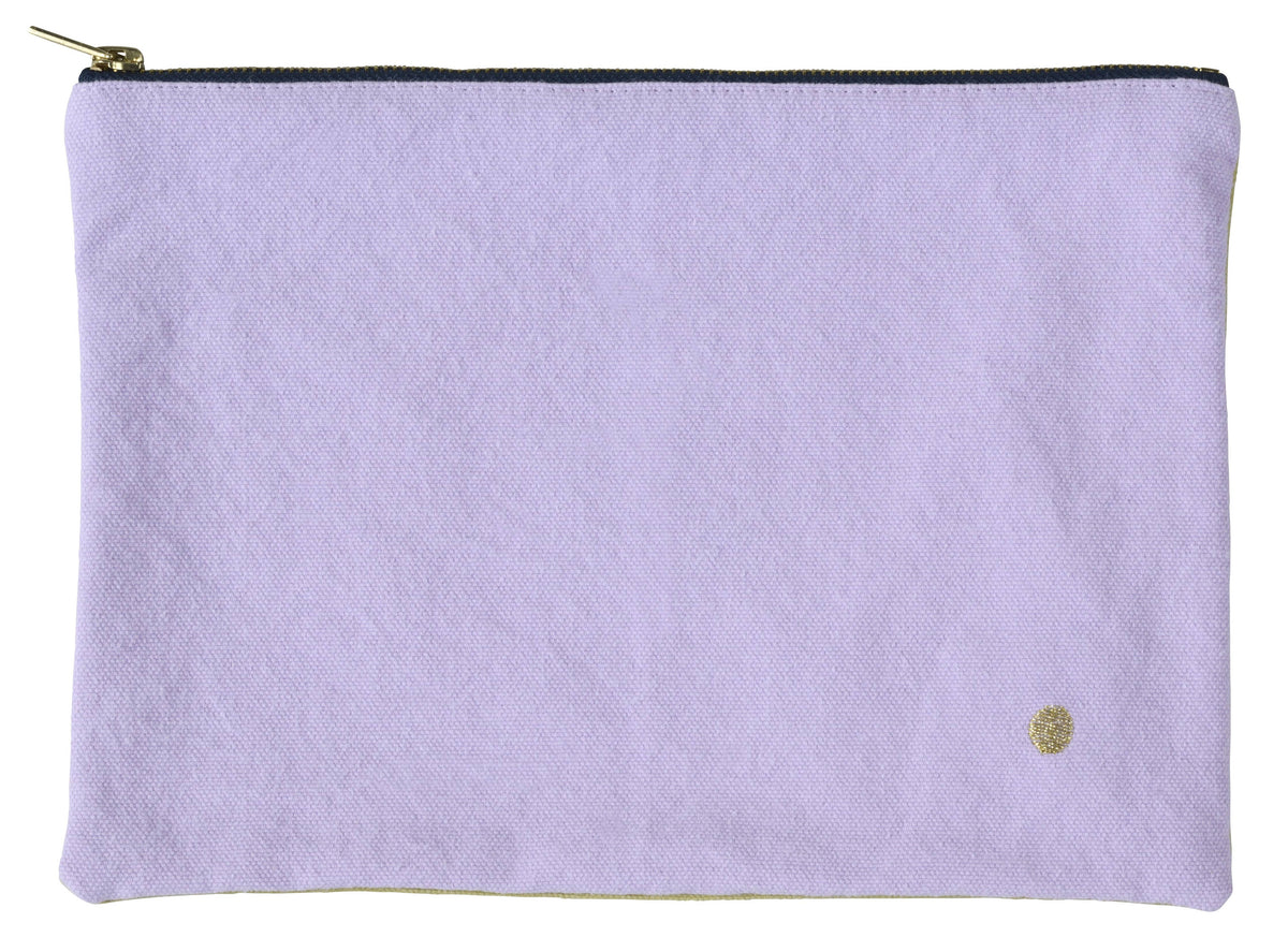 A light purple fabric pouch with a black zipper and a small gold button detail, shown against a plain white background.