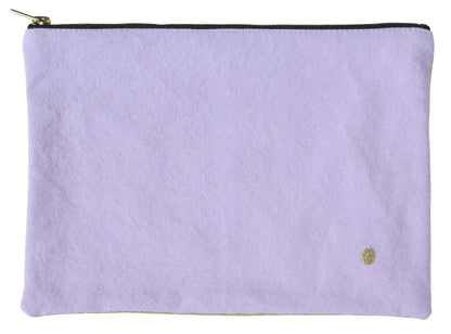 A light purple fabric pouch with a black zipper and a small gold button detail, shown against a plain white background.