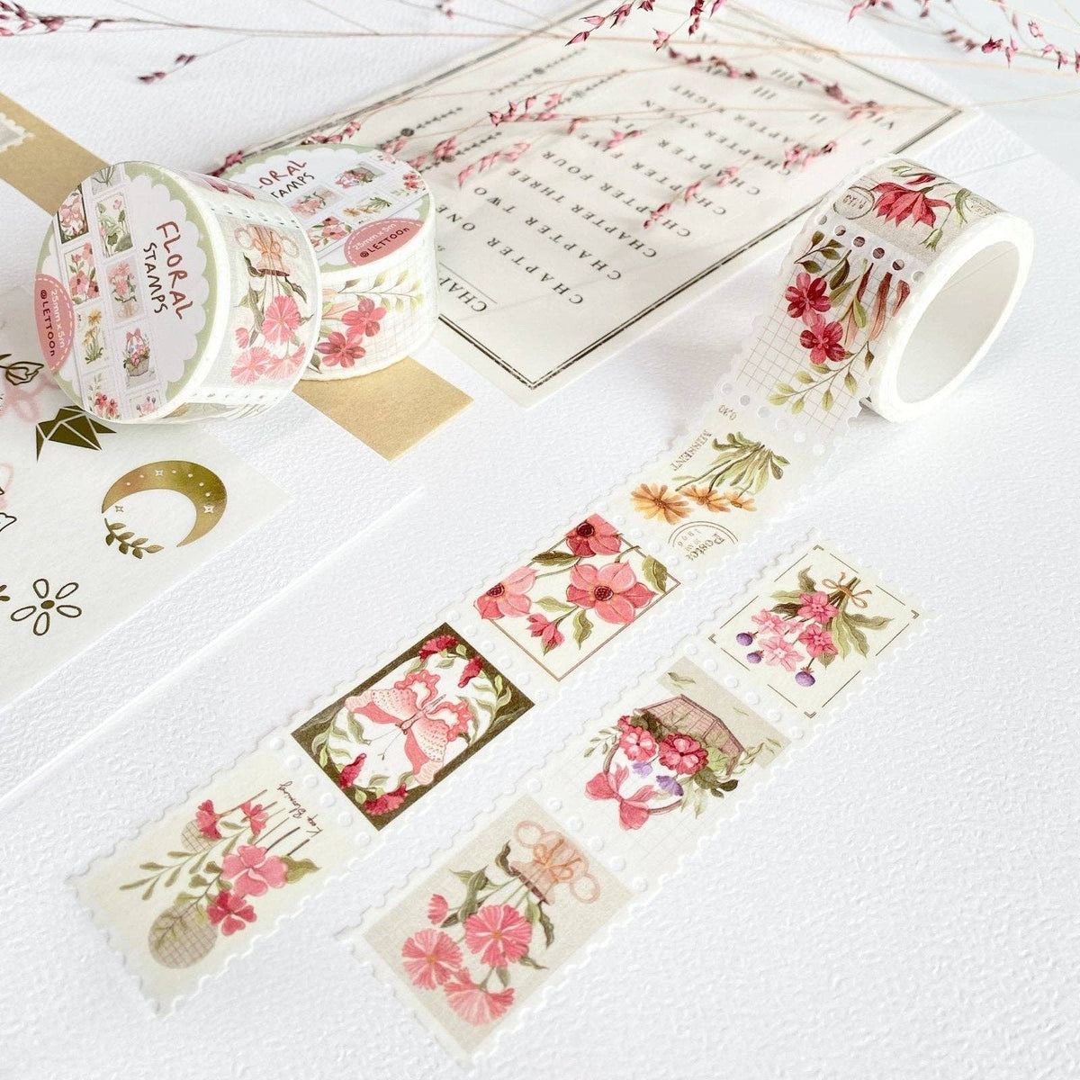 Floral tape with cut-out designs on a white surface