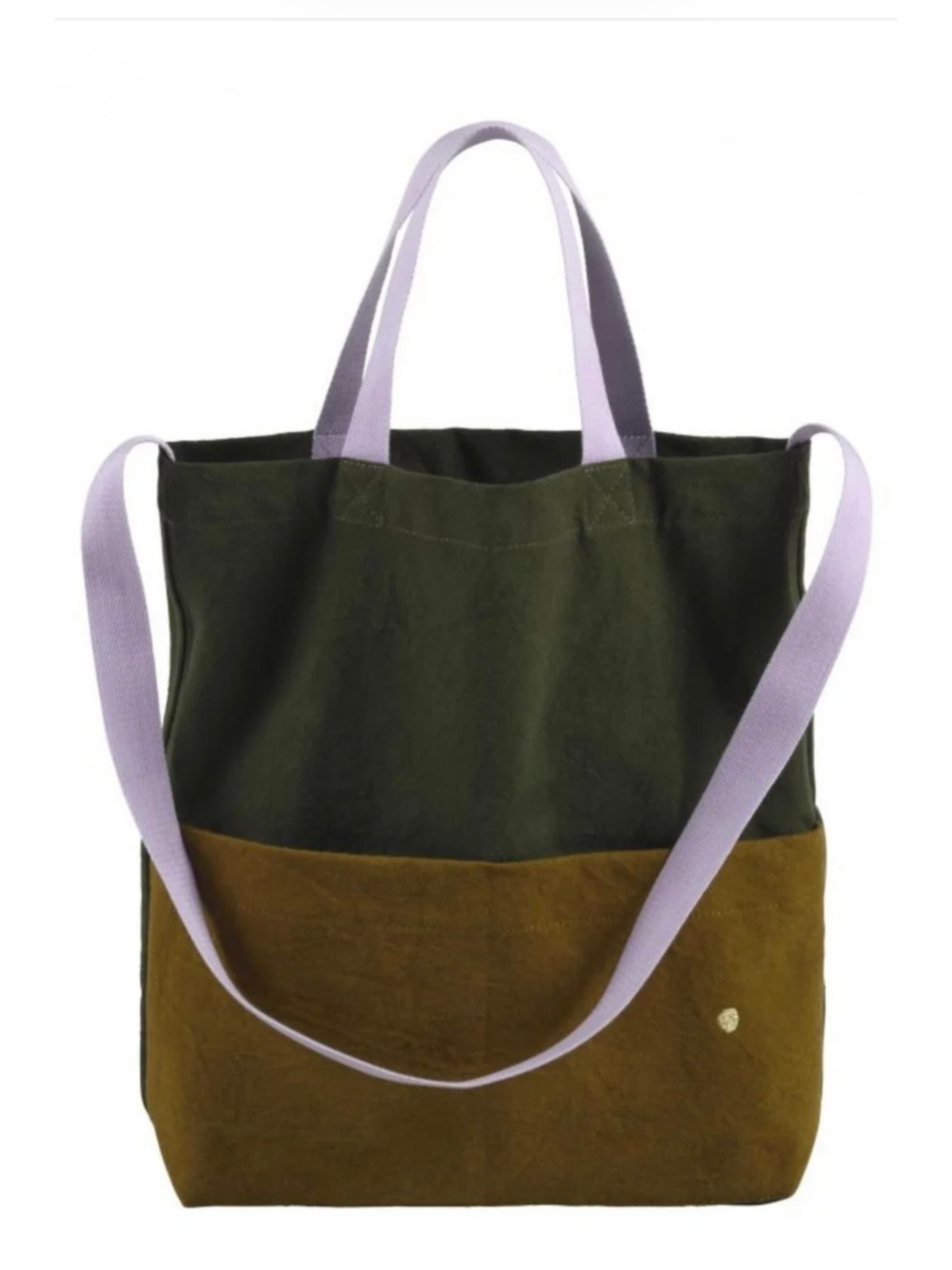 A two-tone canvas tote bag with an olive green top half, a mustard brown bottom half, and light purple handles and shoulder strap.