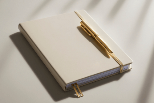 Beige notebook with gold accents on a light background