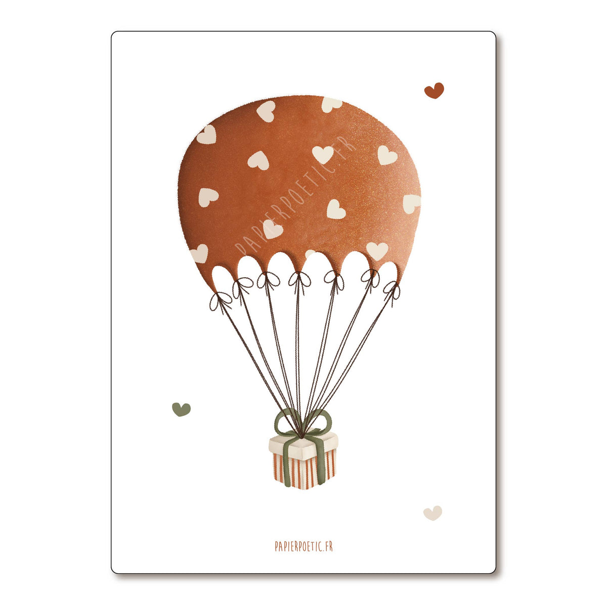 A minimalist art print featuring a brown watercolor hot air balloon with white heart patterns and a striped gift box, shown on a white background with a subtle drop shadow.