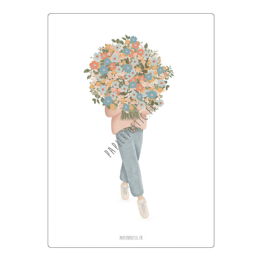 Illustration of a person holding a large bouquet of flowers with 'Papierliss' branding.