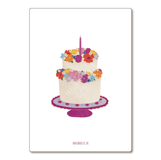 Colorful birthday cake with flowers and a candle on a white background