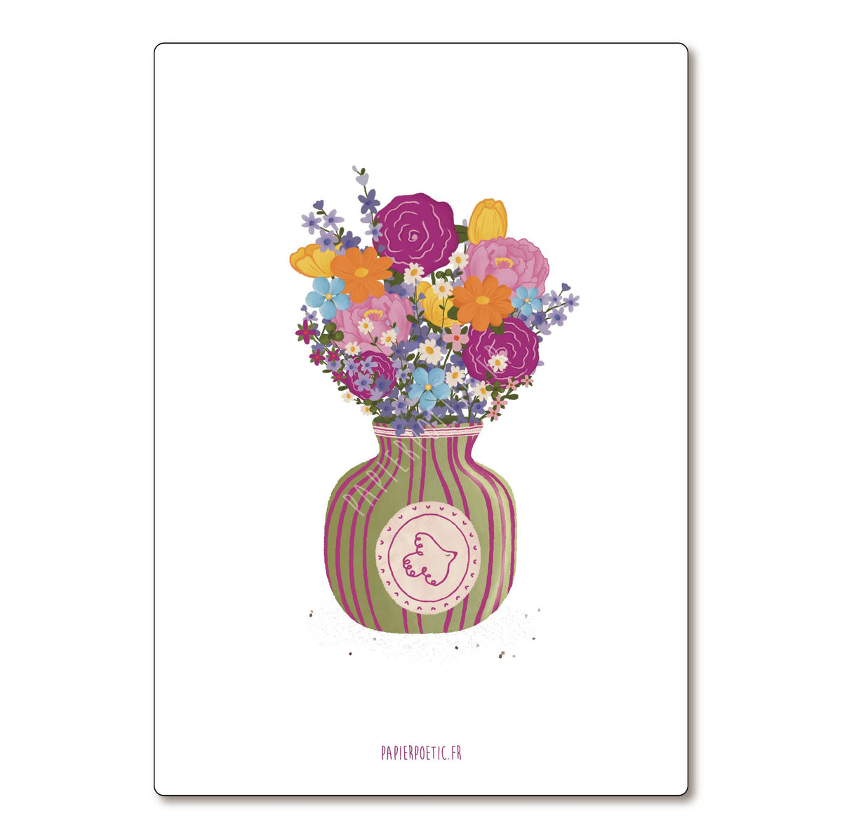 Colorful bouquet of flowers in a striped vase on a white background