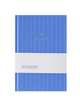 Blue notebook with white text on a white background