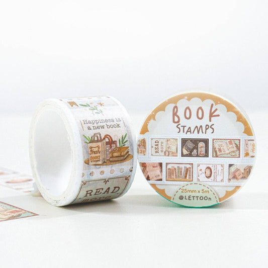 Two rolls of decorative washi tape with a vintage bookshelf and book-themed pattern, shown on a clean white background. One roll is unrolled to display the pattern, and the other shows the circular packaging with the text 'BOOK STAMPS' and '20mm x 50m @ LETTOON'.