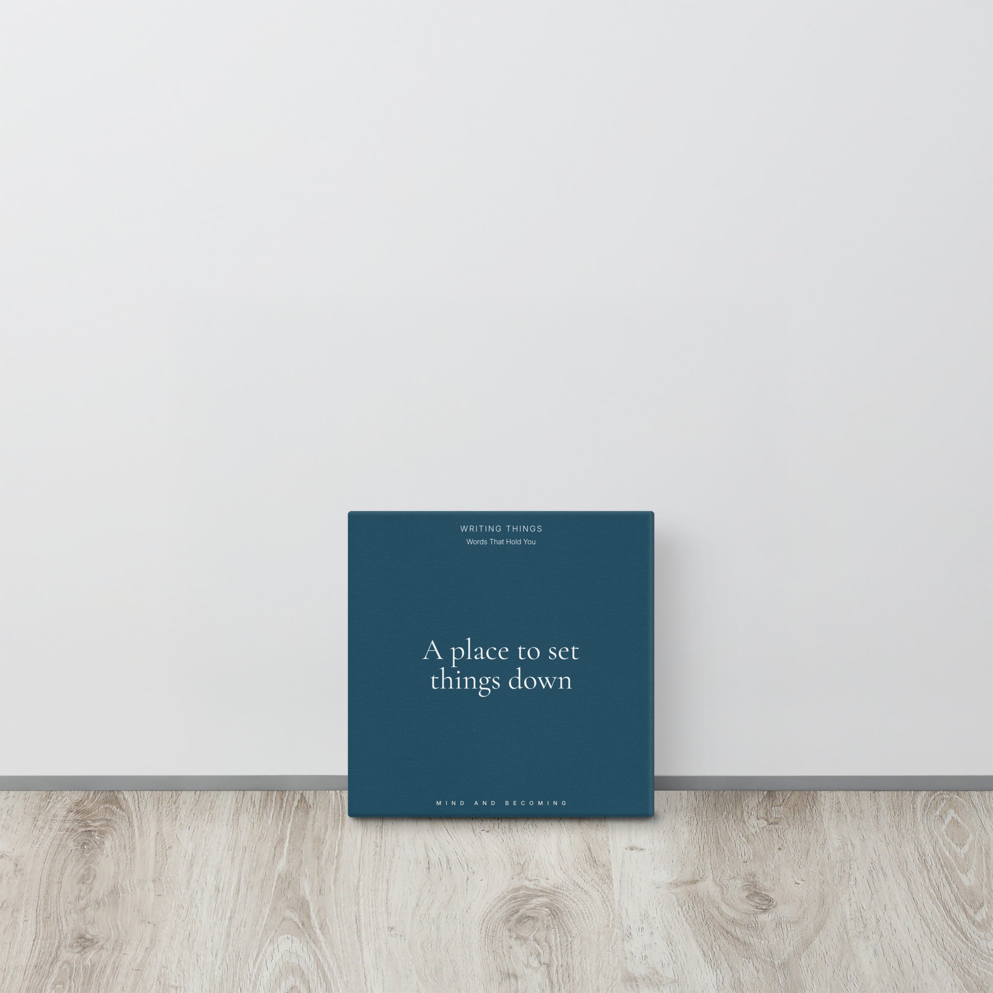 Blue notebook with text on a white surface