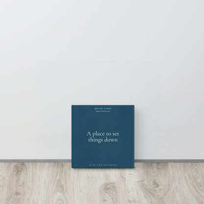 Blue notebook with text on a white surface