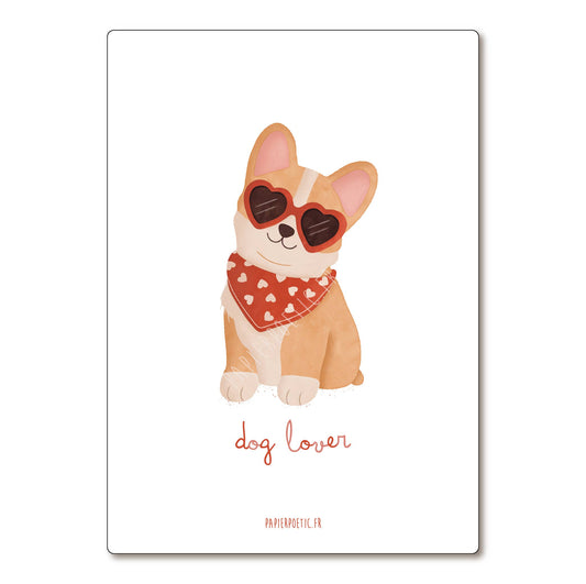 Illustration of a corgi wearing heart-shaped sunglasses and a bandana with 'dog lover' text on a white background.