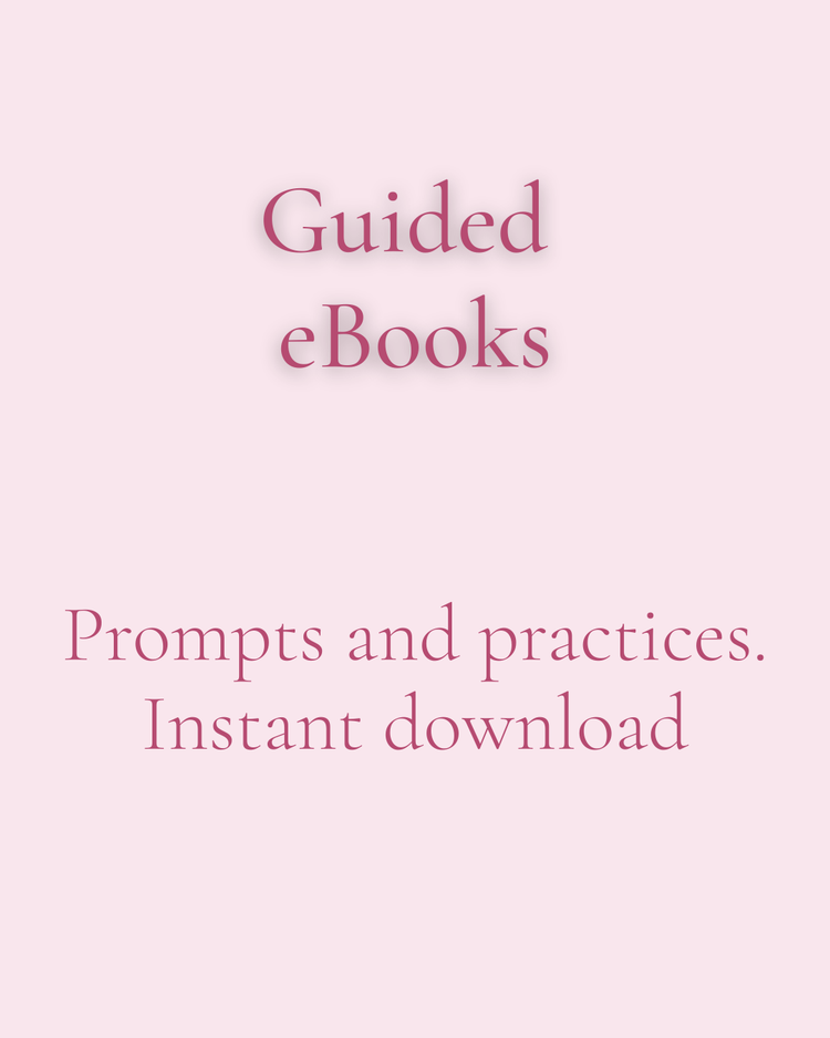 Text 'Guided eBooks Prompts and practices. Instant download' on a pink background