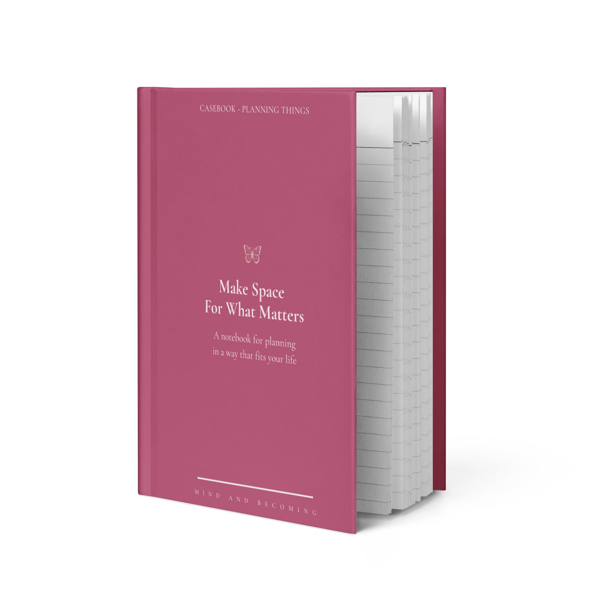 Pink notebook with text on a white background