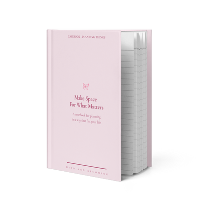 Pink notebook titled 'Make Space For What Matters' on a white background