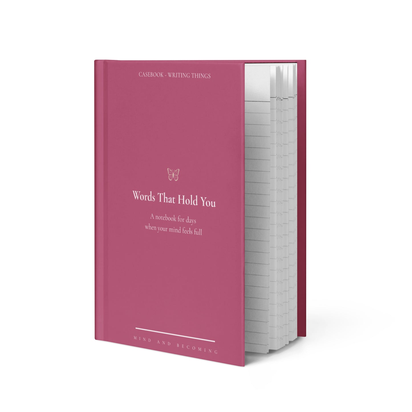 Pink notebook titled 'Words That Hold You' on a white background