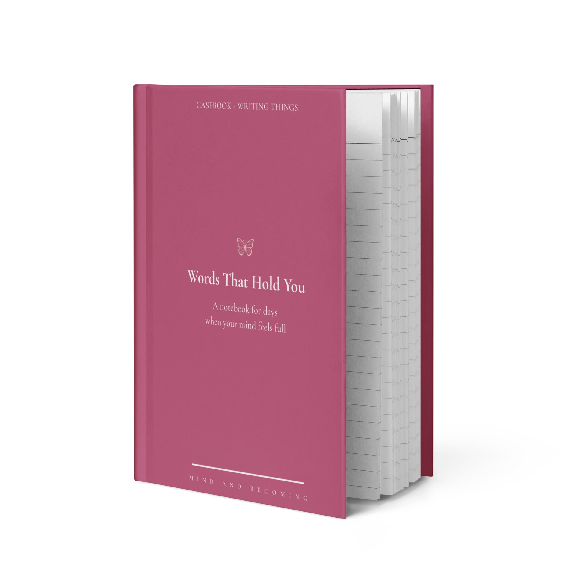 Pink notebook titled 'Words That Hold You' on a white background