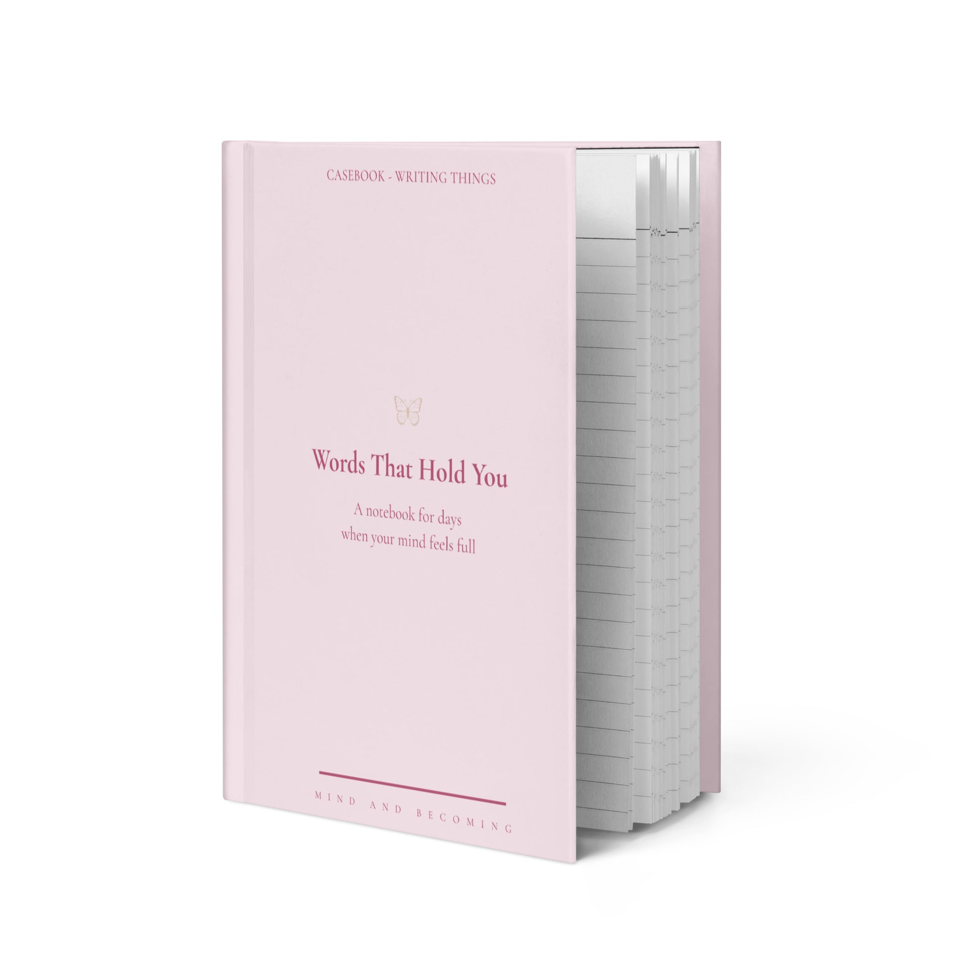 Pink notebook titled 'Words That Hold You' on a white background