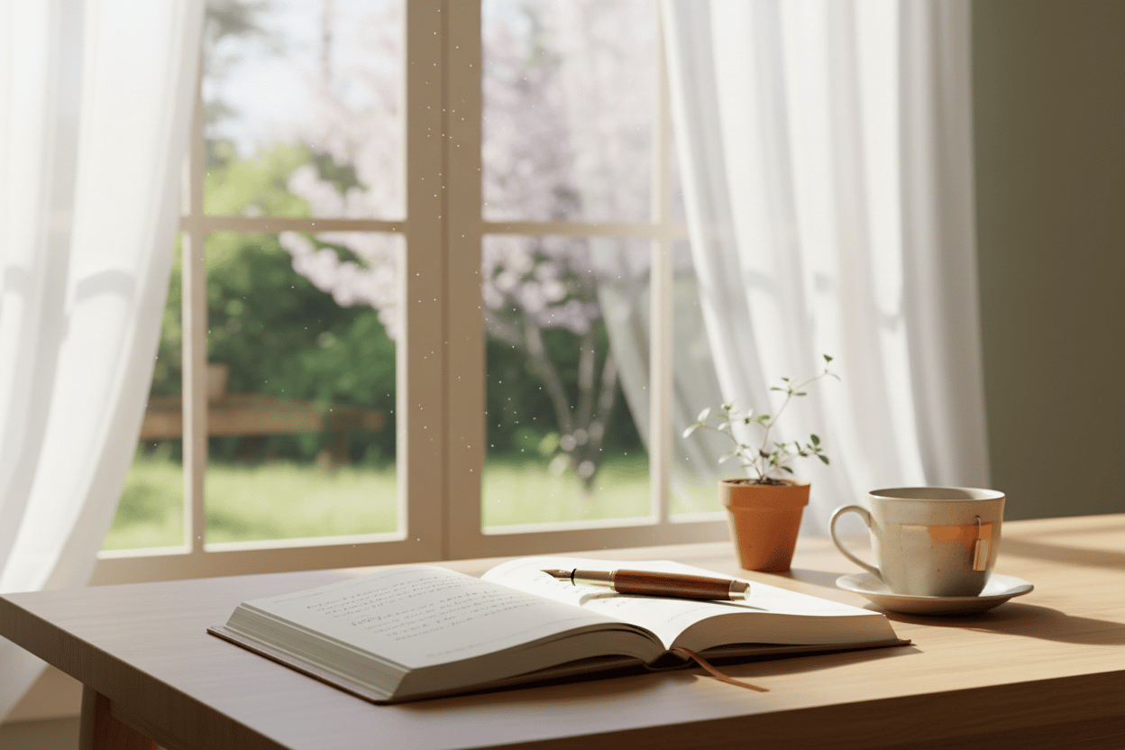 Journaling by a window with lots of light, no people but a journal, a pen, a desk, a window and light