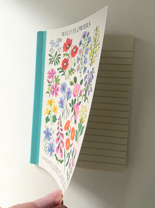 A hardcover book titled 'WILD FLLOWERS' with a cream cover printed with colorful botanical illustrations of various flowers, featuring a teal spine, photographed against a neutral off-white background.
