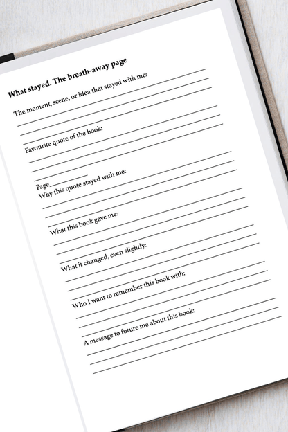 Blank page with text prompts for a book review or reflection on a white surface