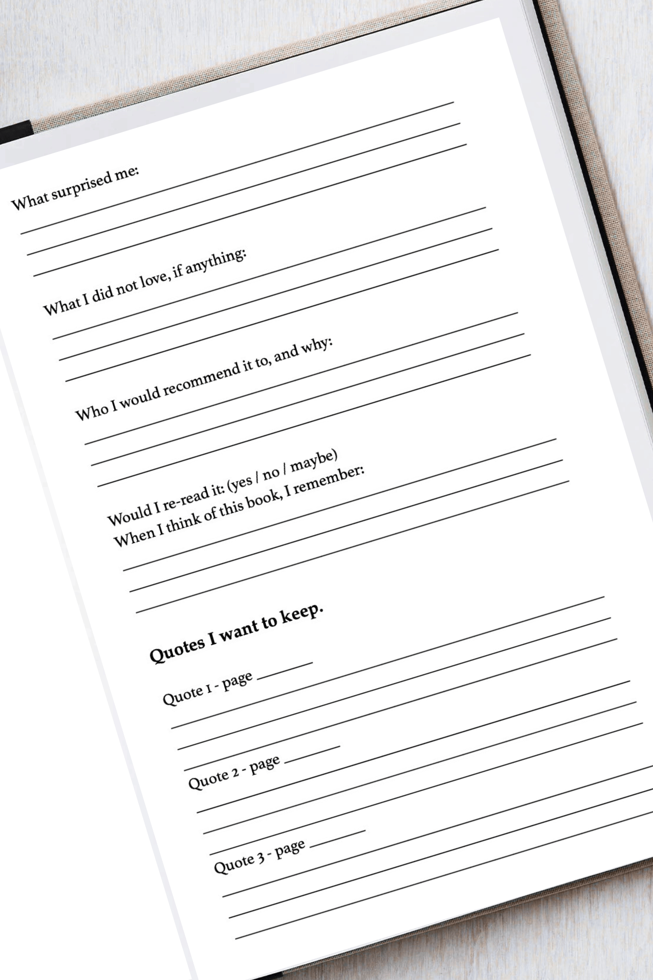 Book review form with lined sections on a white background