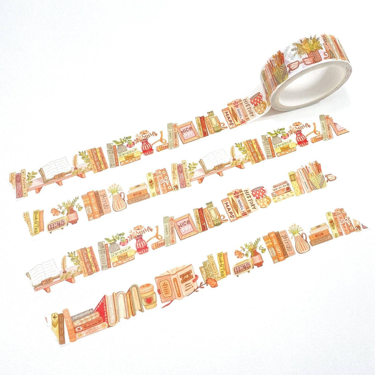 A roll of decorative washi tape with a vintage bookish illustration pattern, shown partially unrolled on a clean white background.